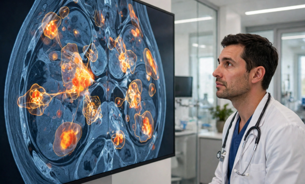Doctor reviewing an AI-assisted medical scan in a modern hospital