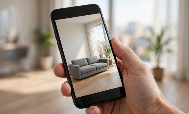 Phone showing augmented reality preview of a sofa in a living room