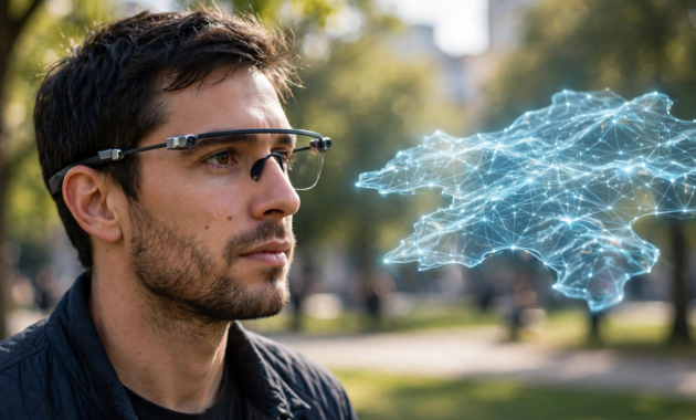 Person wearing AR smart glasses outdoors