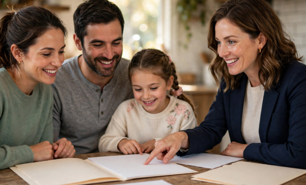 Family reviewing insurance policy documents with an agent at home