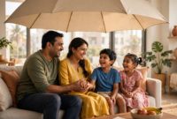 best-life-insurance-companies-india-2026-1 Happy Indian family under a protective umbrella — comparing the best life insurance companies India 2026