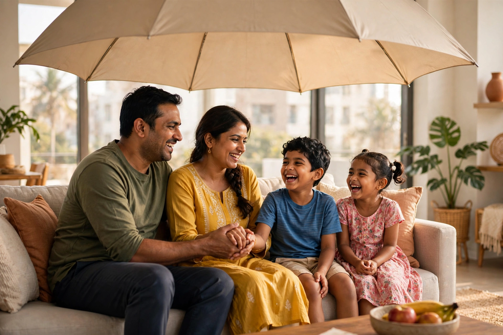 Happy Indian family under a protective umbrella — comparing the best life insurance companies India 2026