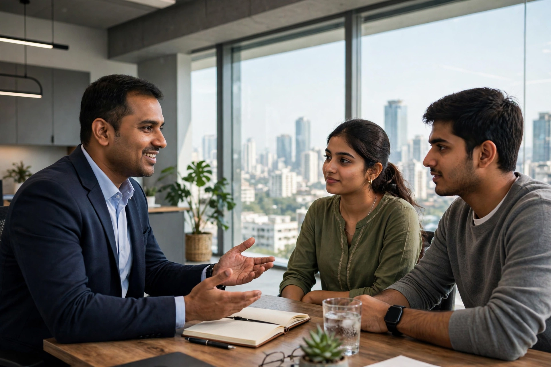 Insurance advisor explaining life insurance options to a young couple in a Mumbai office