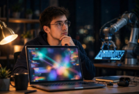 Coding jobs threatened by AI: developer working with an AI coding assistant at night