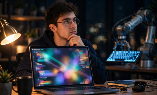 Coding jobs threatened by AI: developer working with an AI coding assistant at night