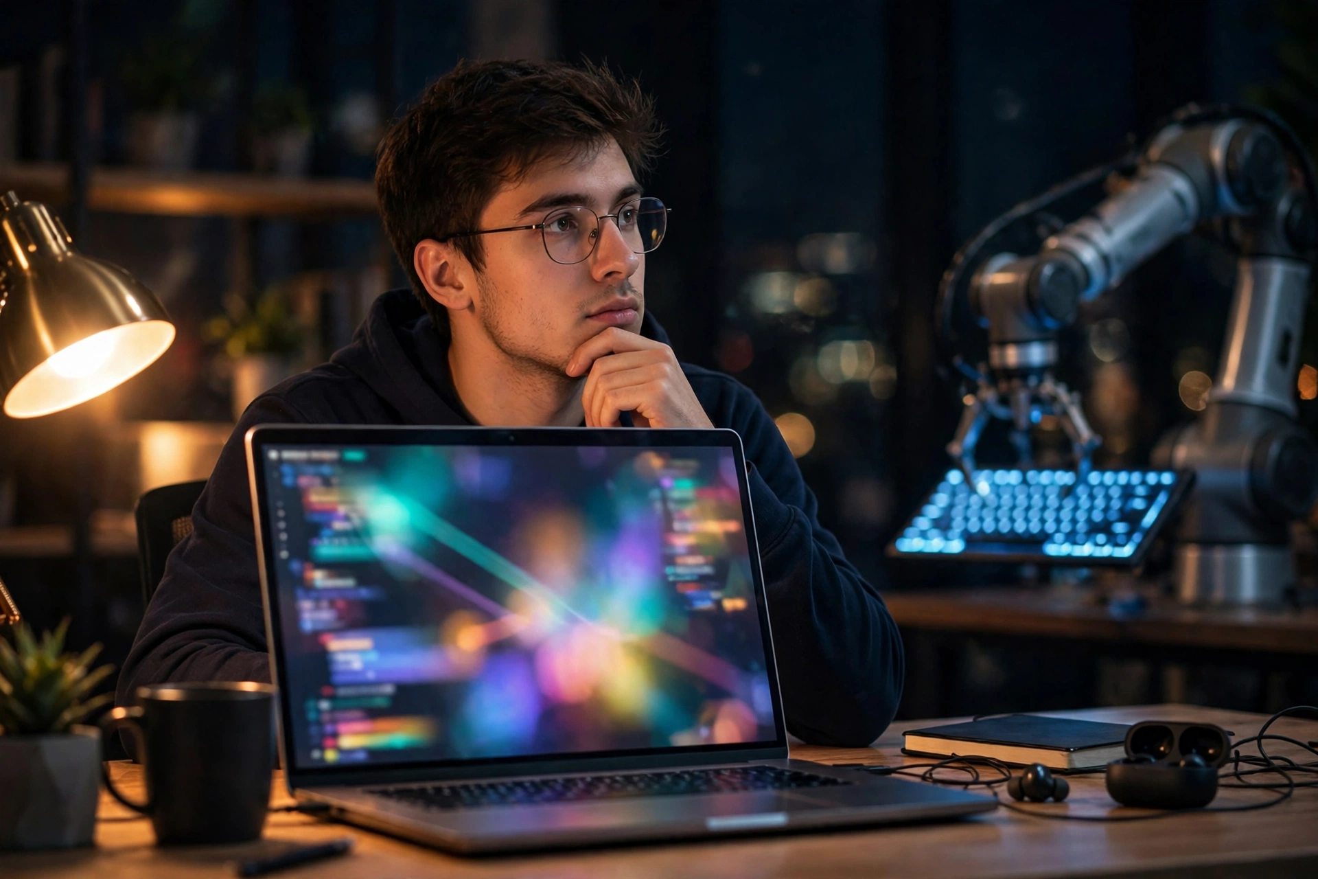 Coding jobs threatened by AI: developer working with an AI coding assistant at night