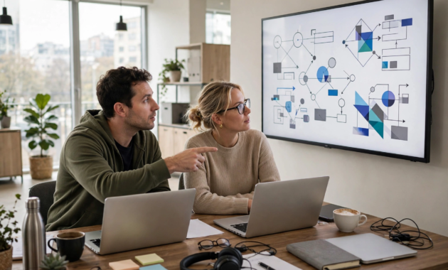 Two programmers collaborating on software design in a modern office