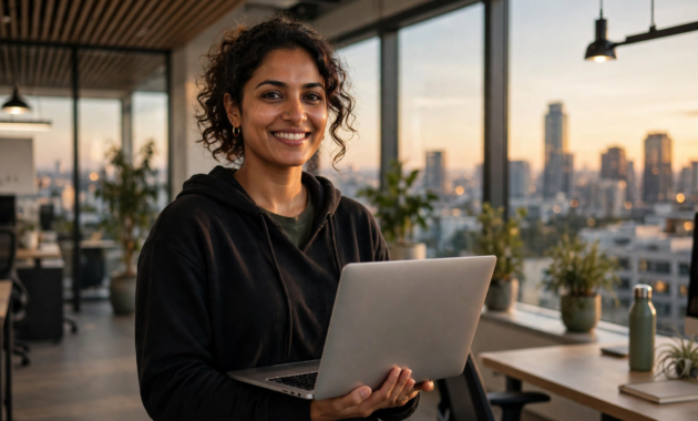 Confident software developer holding a laptop in a modern tech office