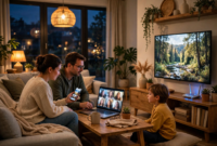 Computer networks modern communication — family using home Wi-Fi network devices in a living room