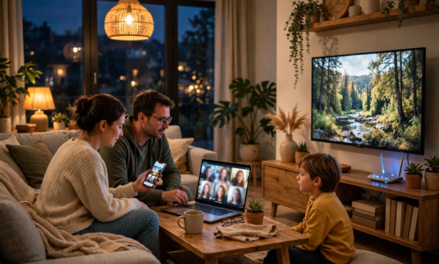 Computer networks modern communication — family using home Wi-Fi network devices in a living room