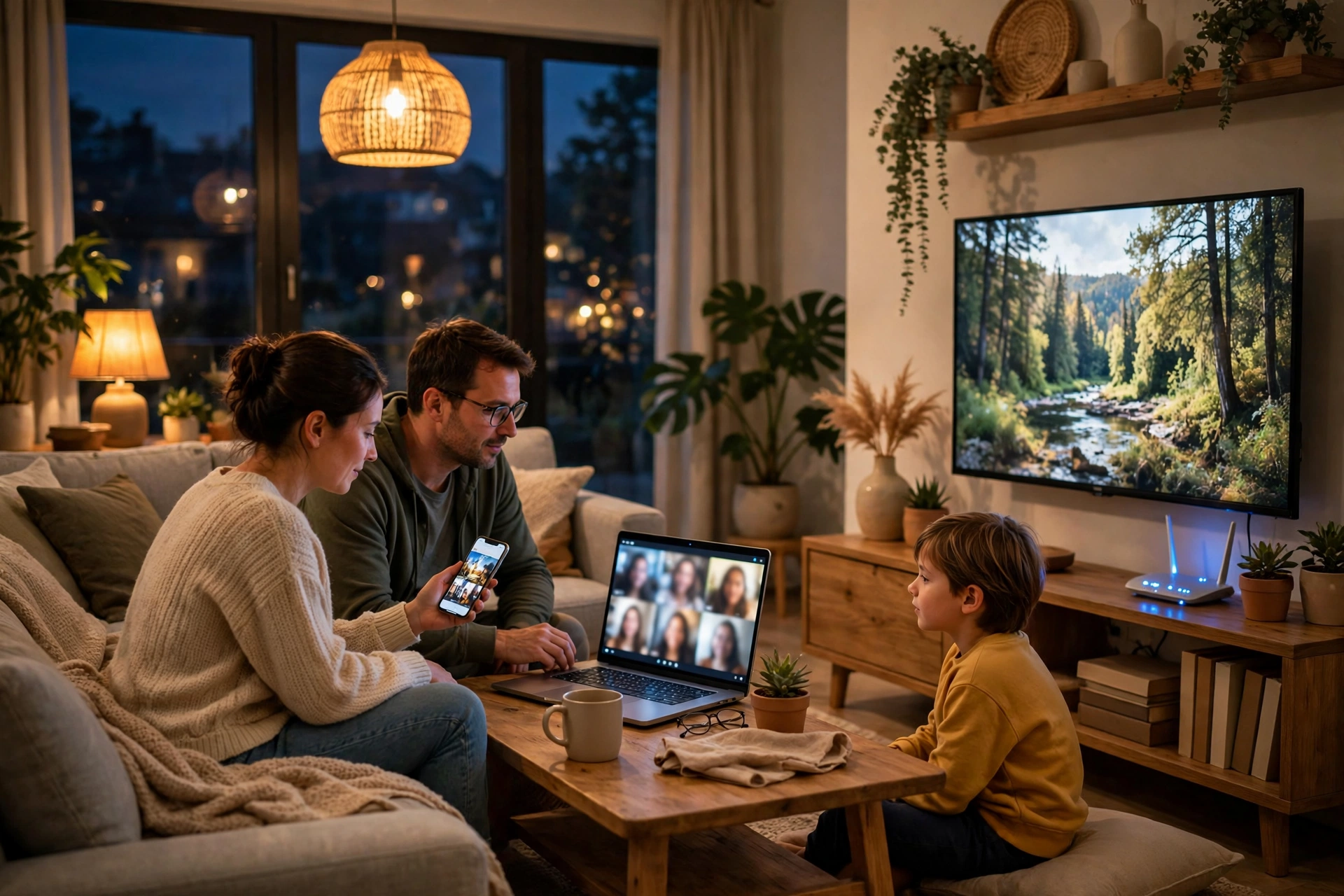 Computer networks modern communication — family using home Wi-Fi network devices in a living room