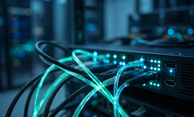 Network switch with connected cables in a server room