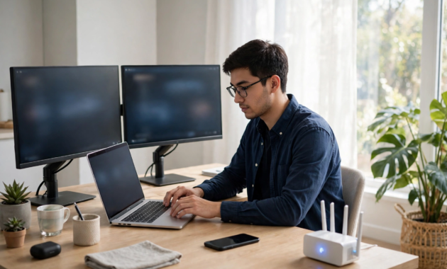 Man working on a laptop connected to a home Wi-Fi router