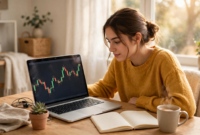 crypto-trading-for-beginners-1 Beginner learning crypto trading for beginners on a laptop with a price chart on screen
