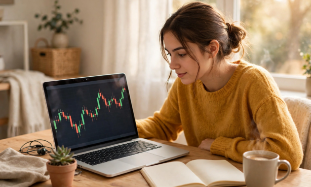 Beginner learning crypto trading for beginners on a laptop with a price chart on screen