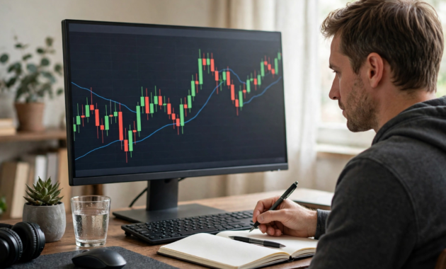 Trader checking a crypto price chart and planning a careful trade