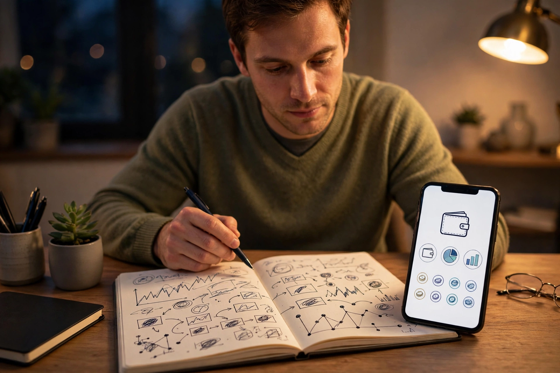 Person reviewing crypto trading notes and a phone wallet app at a desk