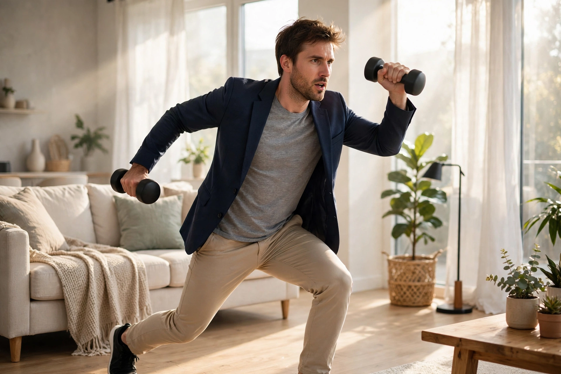 A busy professional doing a quick home workout, one of the best fitness tips for busy professionals