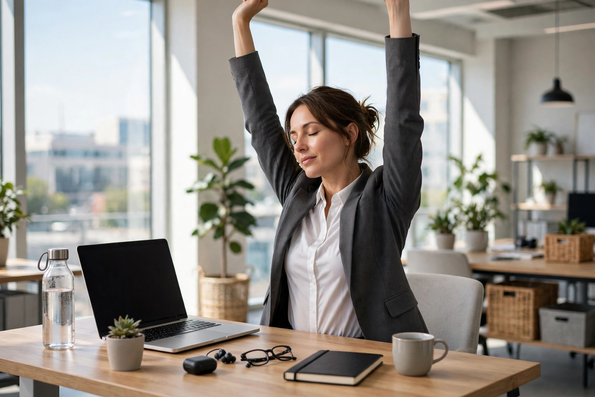 Office worker stretching at a standing desk during a short movement break
