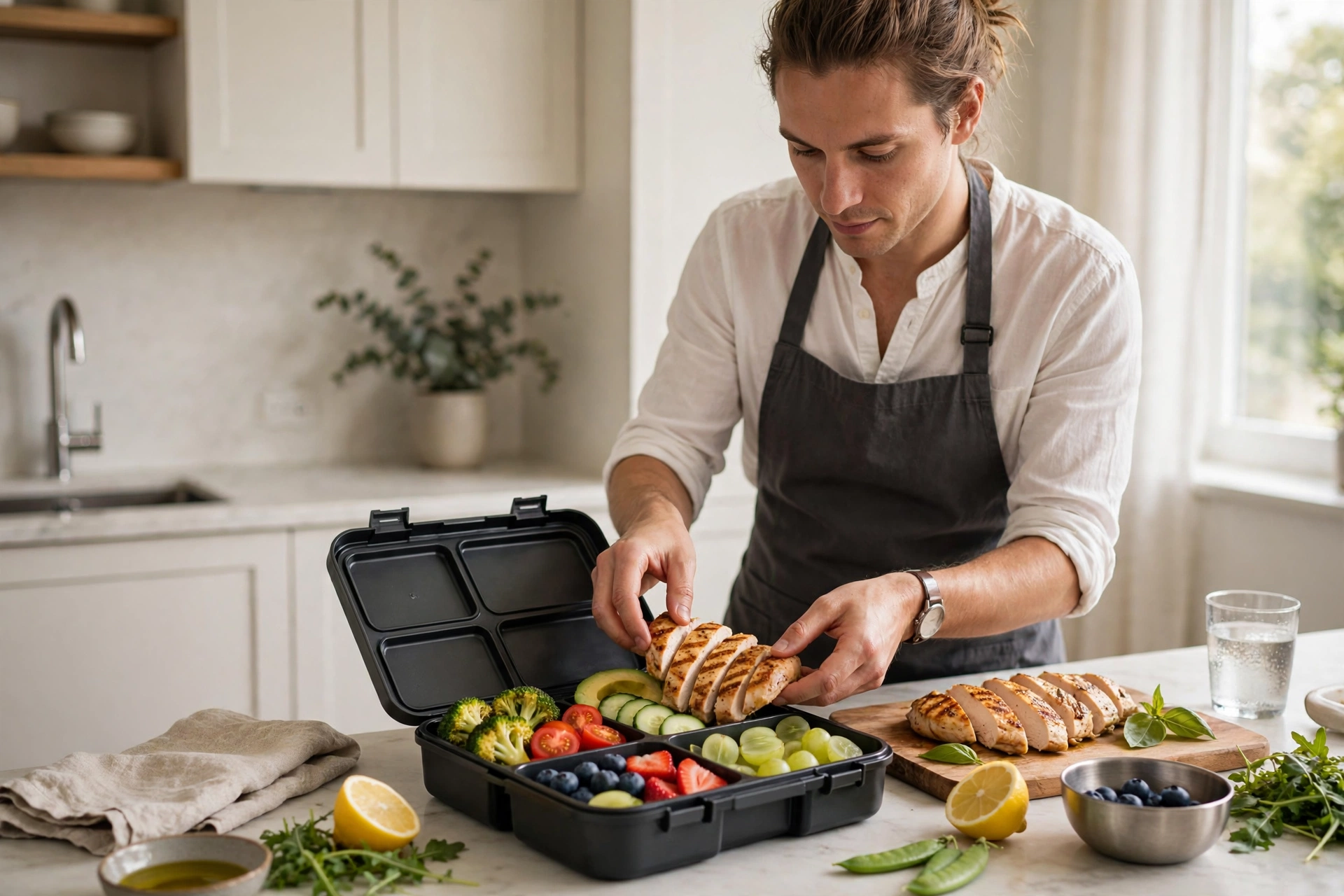 Professional preparing a healthy packed lunchbox for a busy workweek