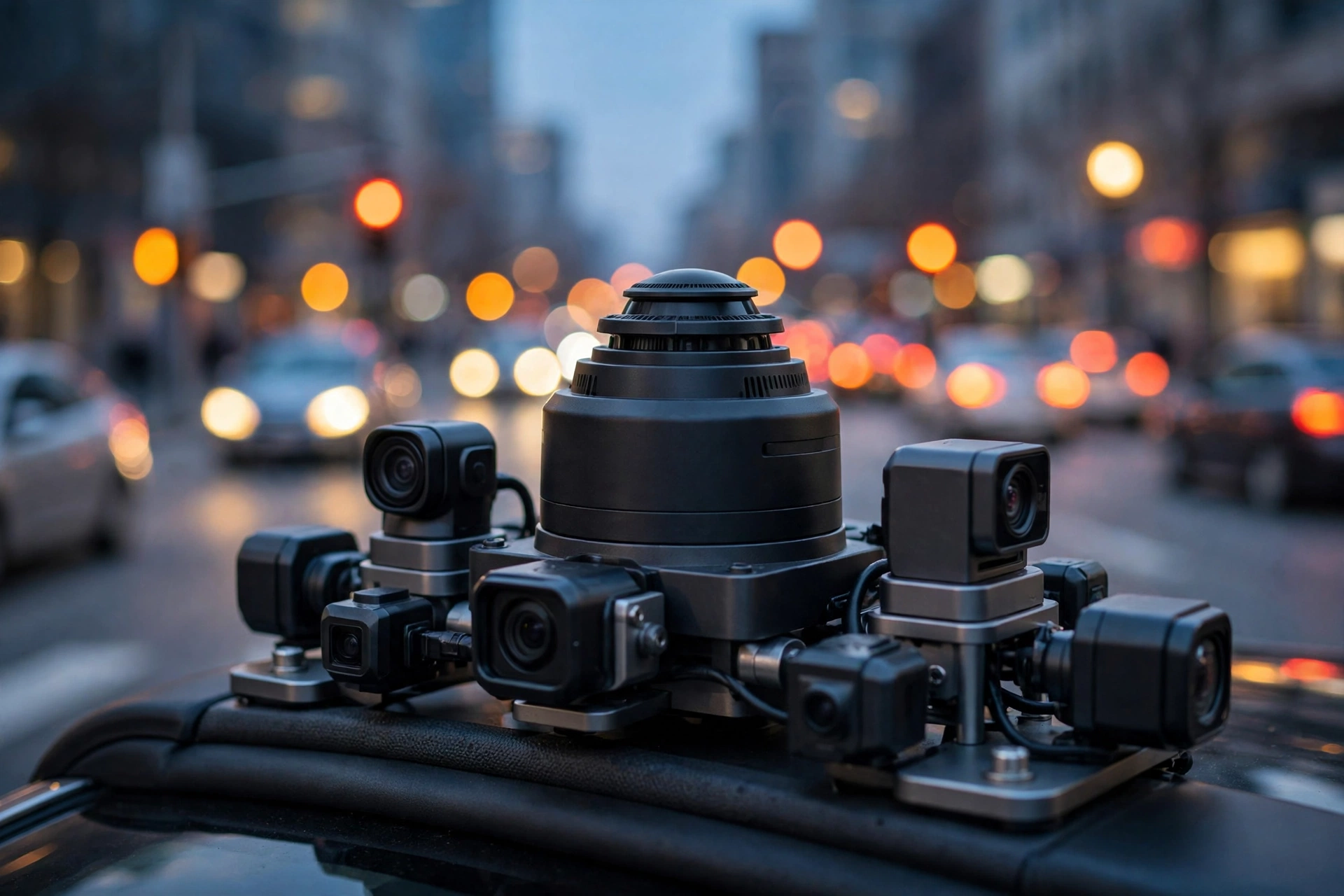 A robotaxi sensor array and cameras scanning a busy city intersection