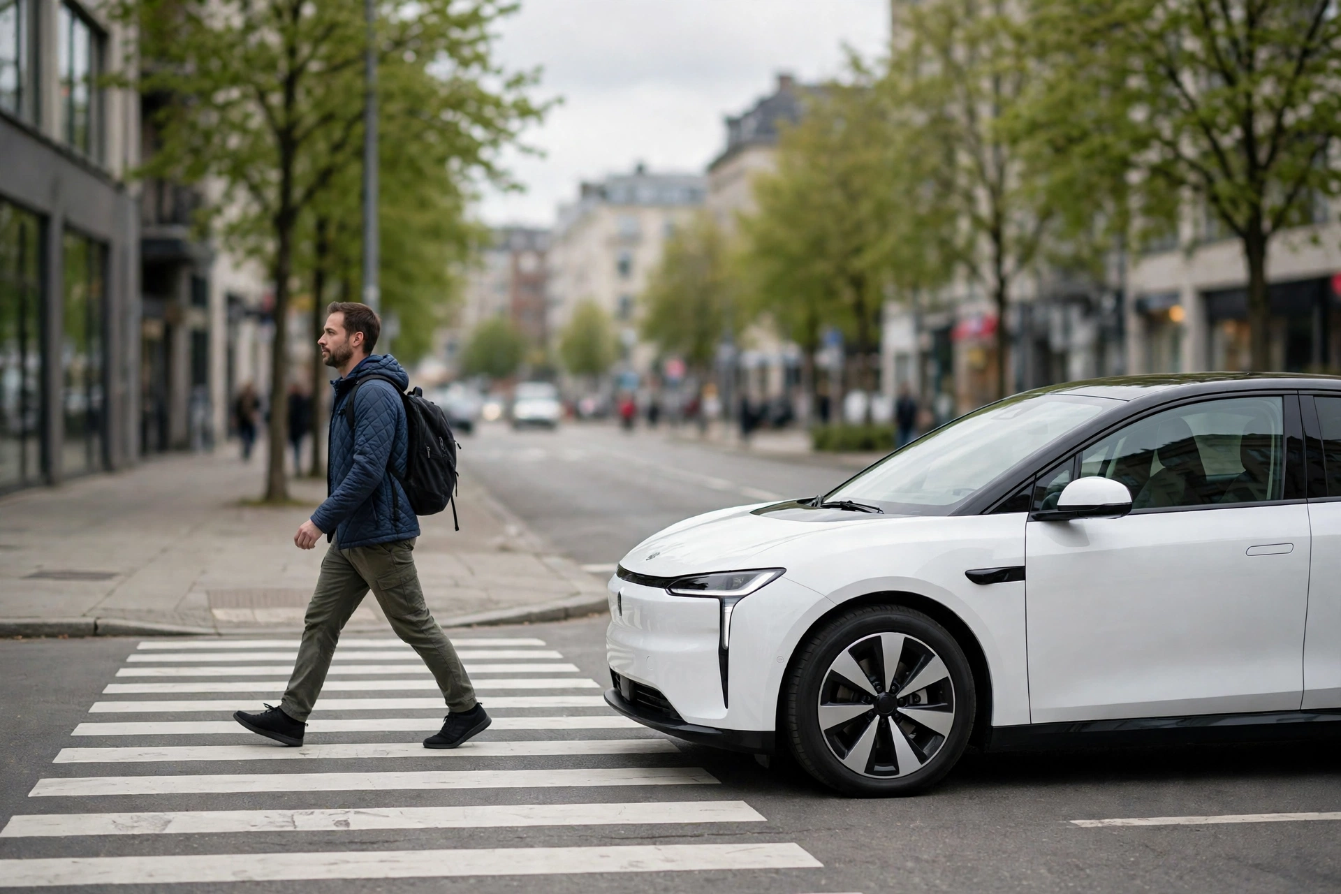 A pedestrian crossing a street in front of a stopped autonomous vehicle