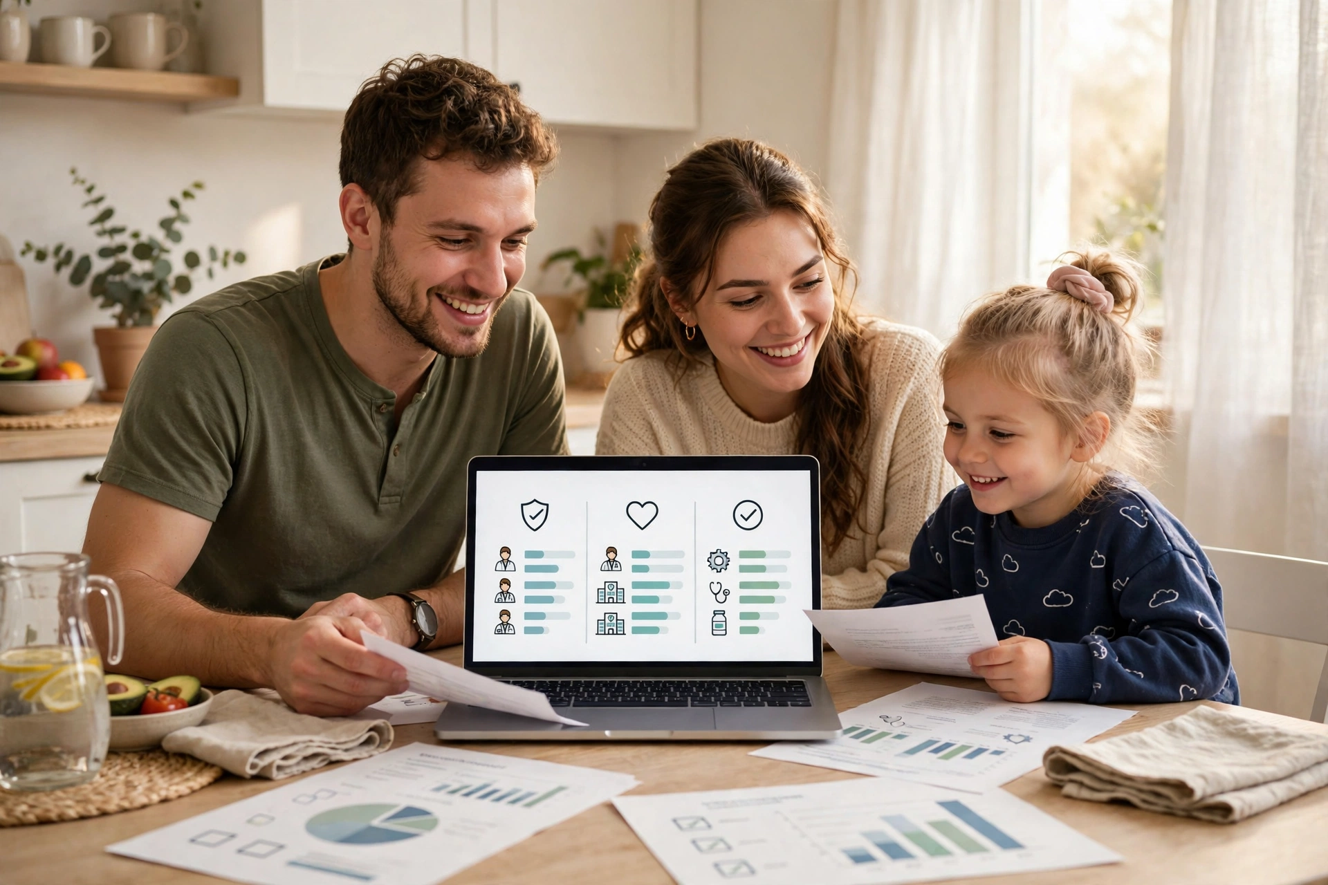 Family reviewing health insurance enrollment options together at home