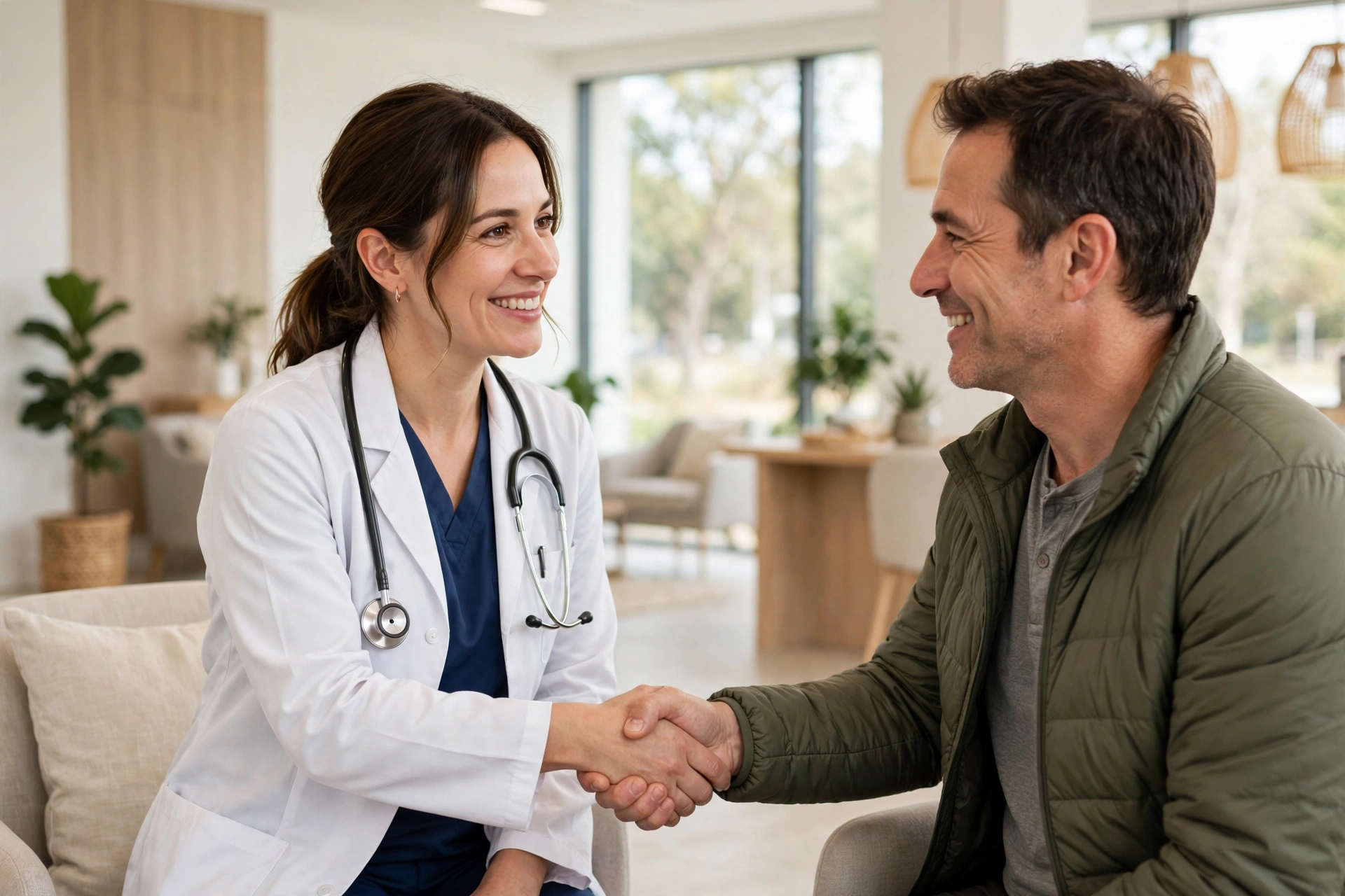 Doctor welcoming a patient covered by health insurance enrollment at a clinic