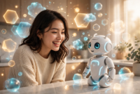 Woman talking with a friendly home robot assistant showing how AI is revolutionizing our world