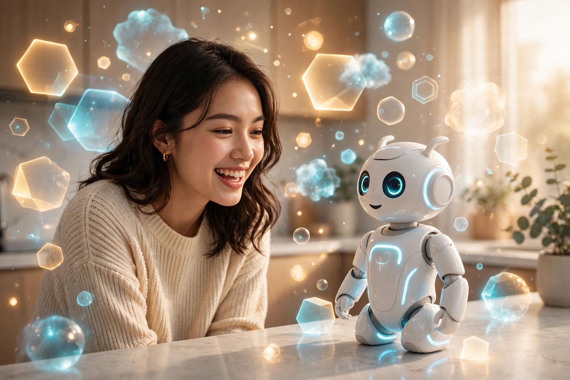 Woman talking with a friendly home robot assistant showing how AI is revolutionizing our world