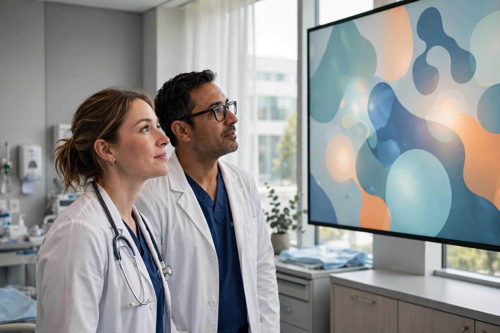 Doctor reviewing a medical scan on a large screen in a modern hospital