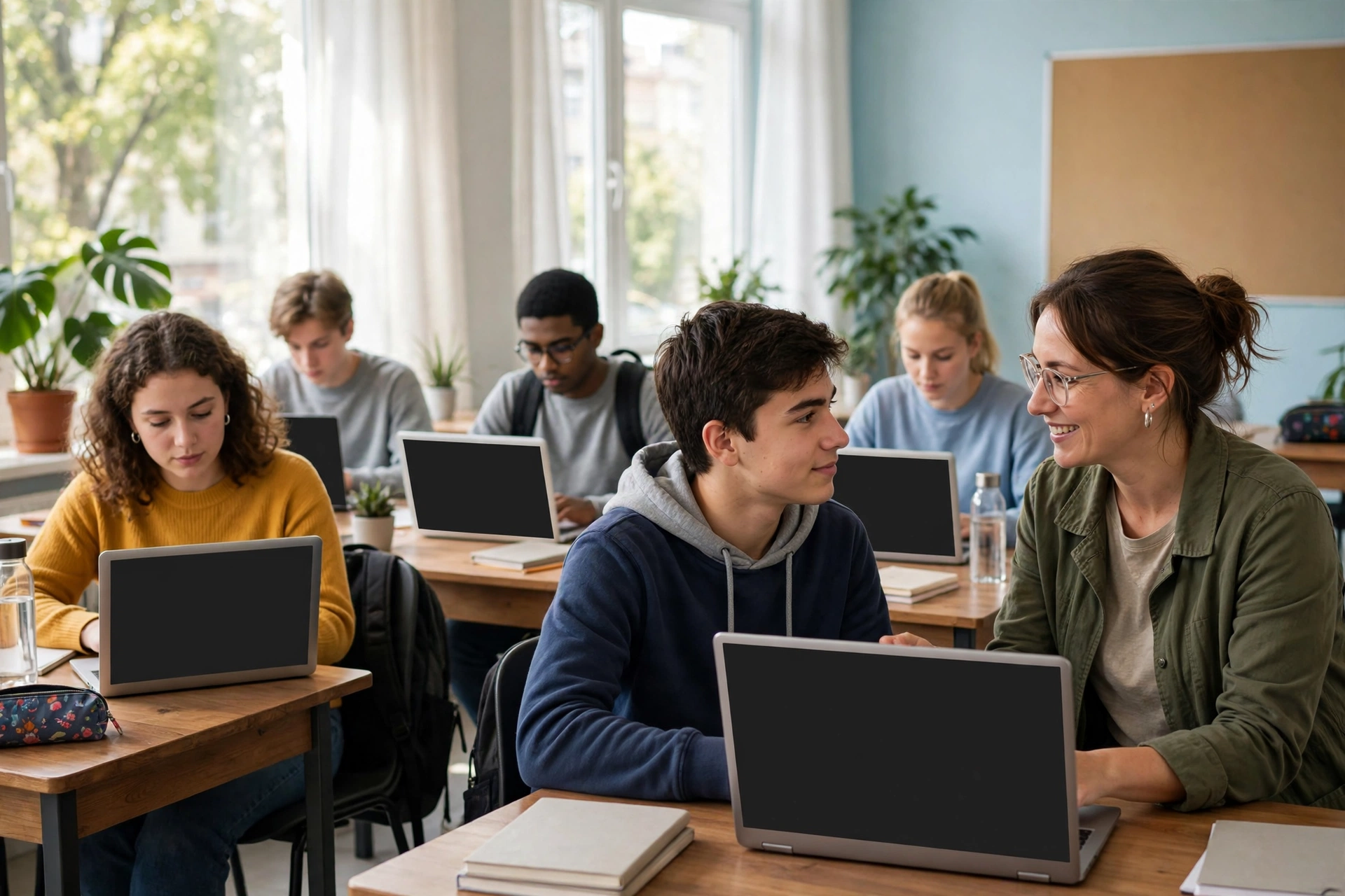 Students learning with laptops in a bright classroom