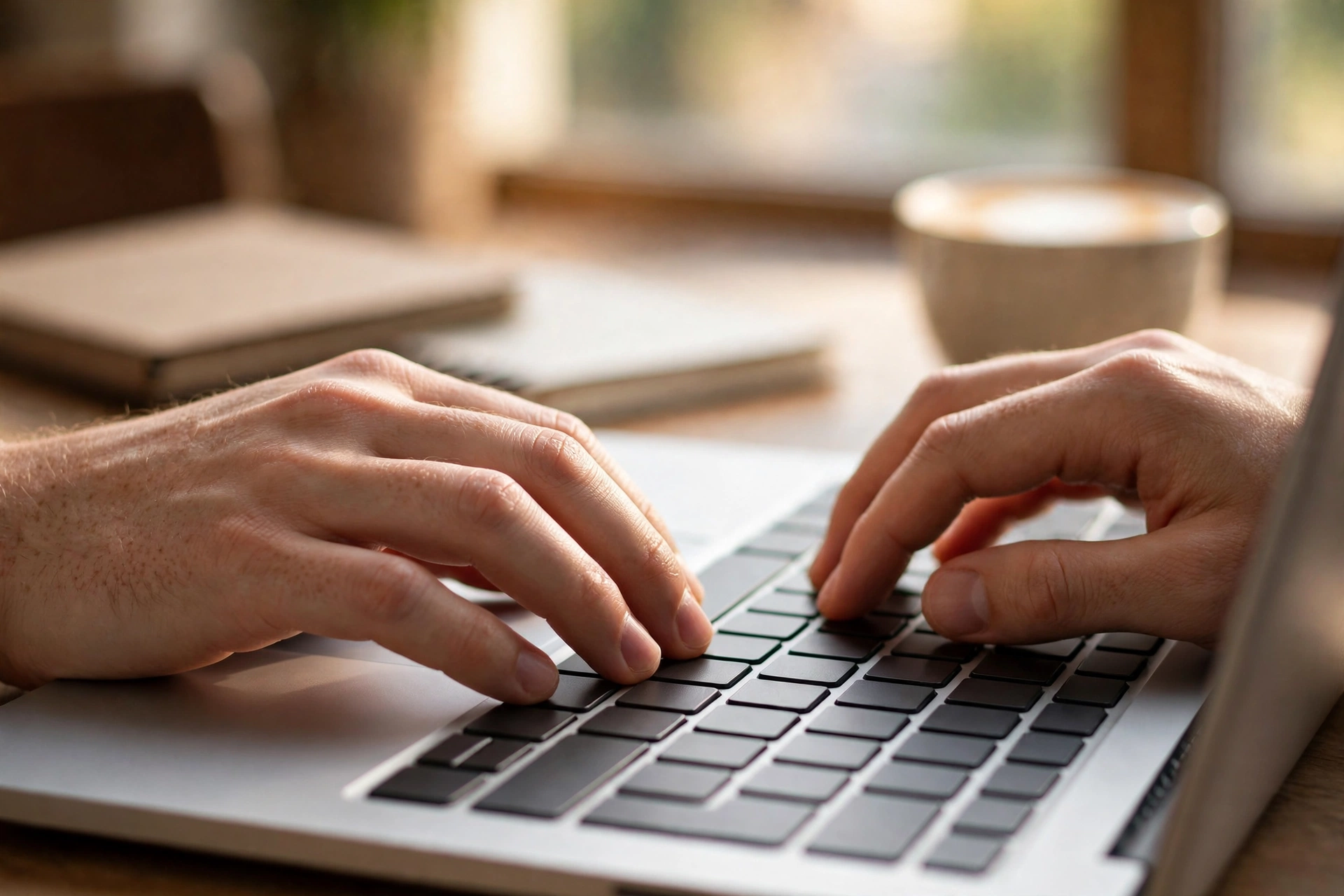 Hands typing a new blog post on a laptop keyboard