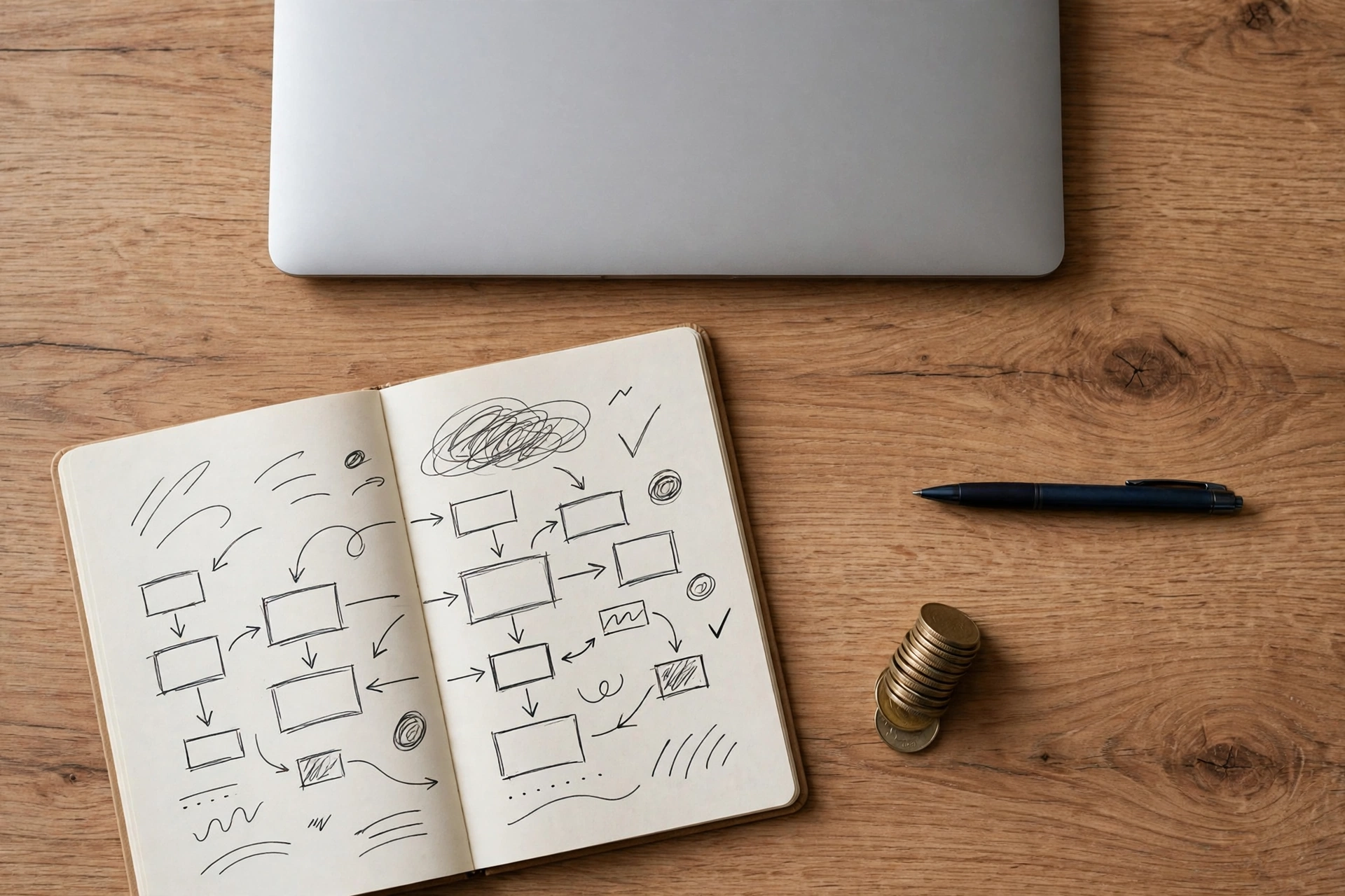 Notebook with a blog plan, laptop and coins showing how to make money blogging