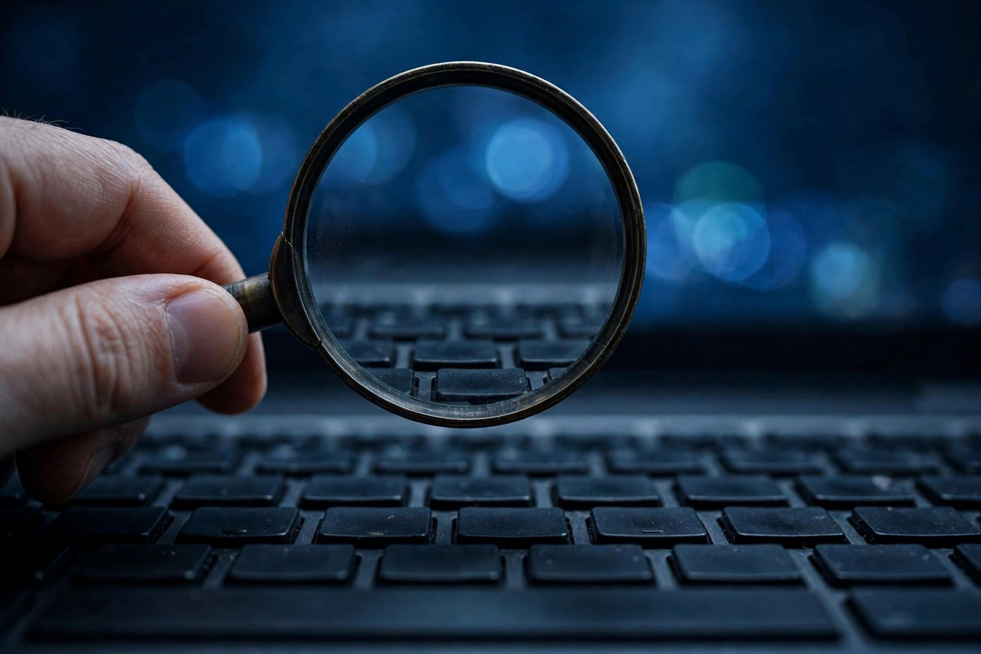 Magnifying glass over a laptop while checking whether a Blogger post is indexed