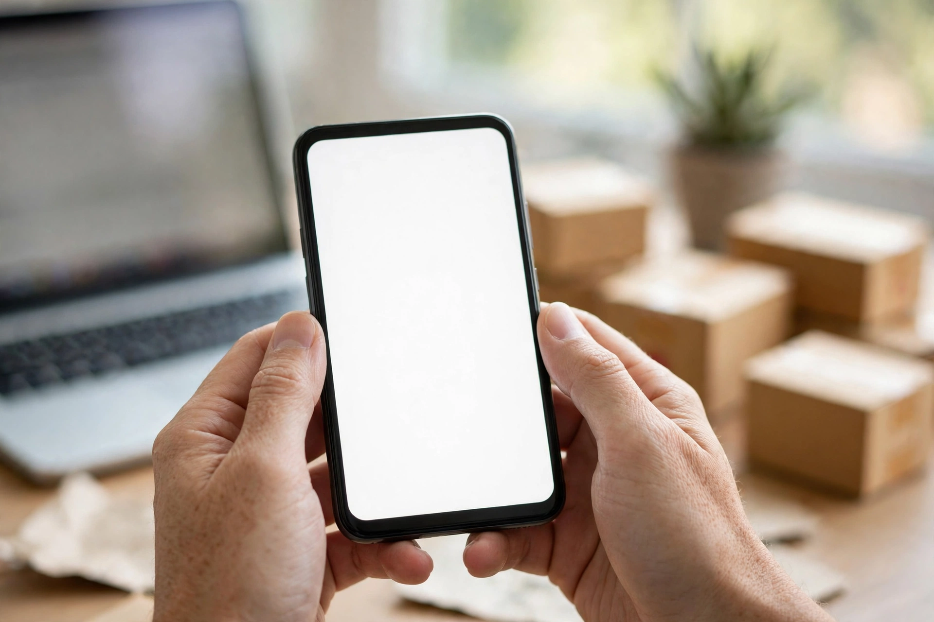 Hands holding a smartphone with online shopping boxes nearby — tools used to make money with affiliate marketing