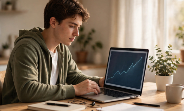 Beginner learning to start forex trading with small capital at a home desk with a laptop