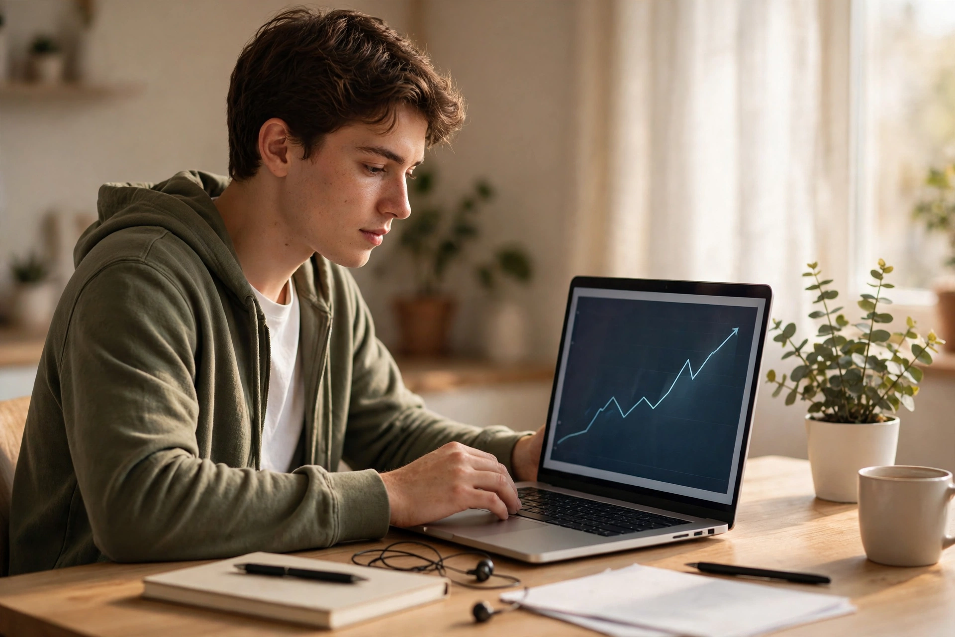 Beginner learning to start forex trading with small capital at a home desk with a laptop