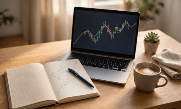 Notebook and laptop on a desk for planning how to start forex trading with small capital