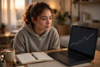 start-stock-trading-for-beginners-1 Beginner learning how to start stock trading for beginners at a home desk with a laptop showing a stock chart