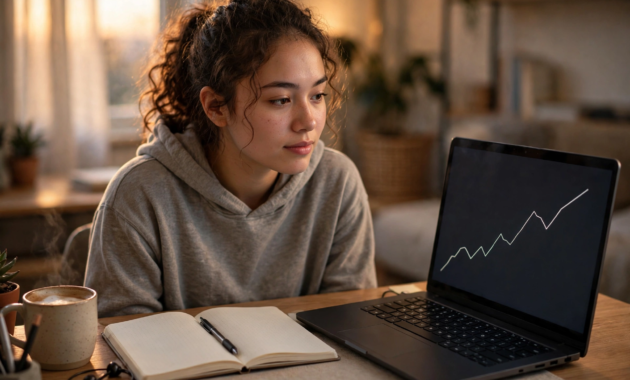 Beginner learning how to start stock trading for beginners at a home desk with a laptop showing a stock chart