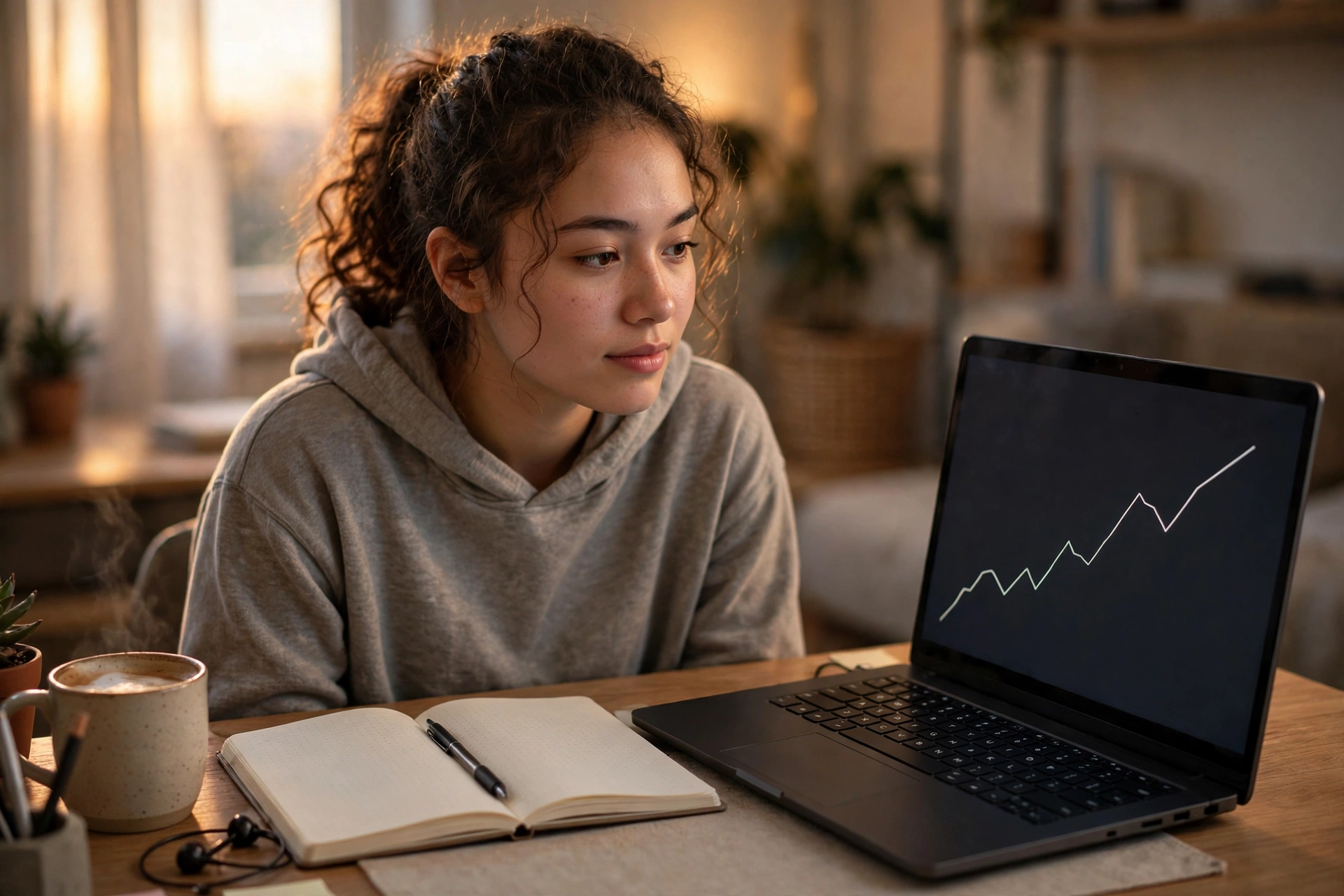 Beginner learning how to start stock trading for beginners at a home desk with a laptop showing a stock chart