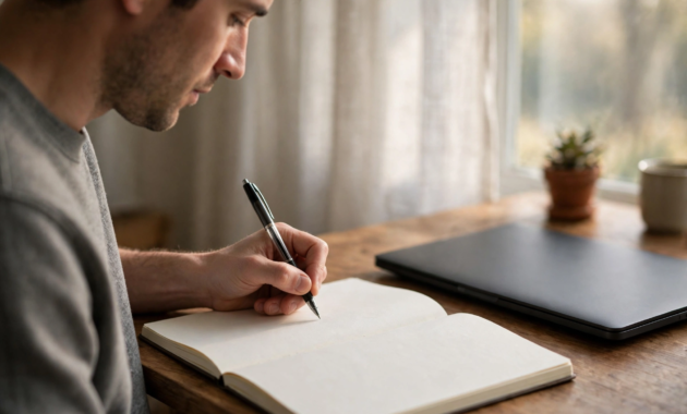 Trader writing notes in a journal while reviewing the day's trades