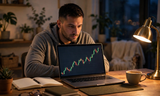 Beginner reviewing swing trading for beginners charts on a laptop in the evening