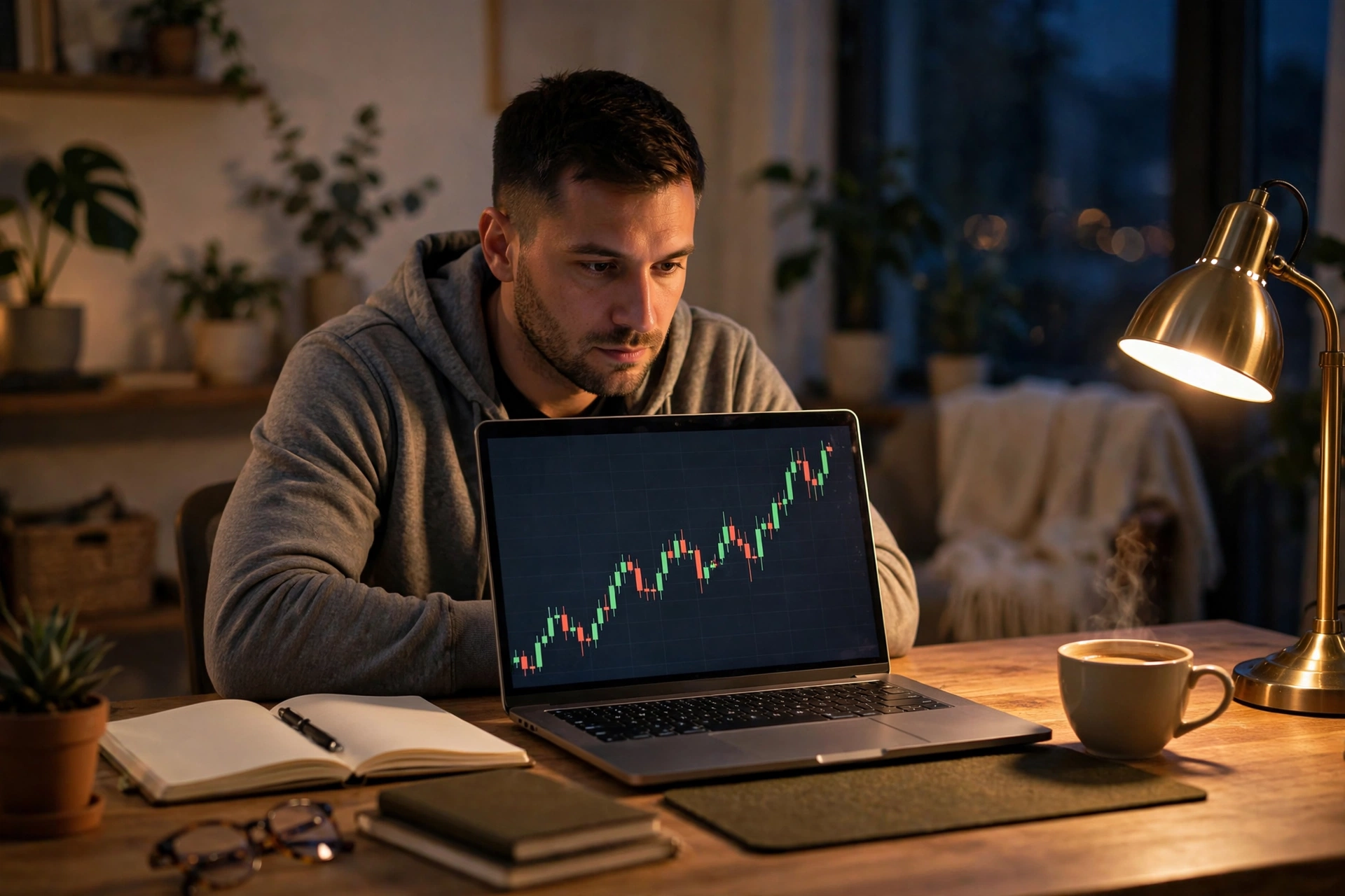 Beginner reviewing swing trading for beginners charts on a laptop in the evening