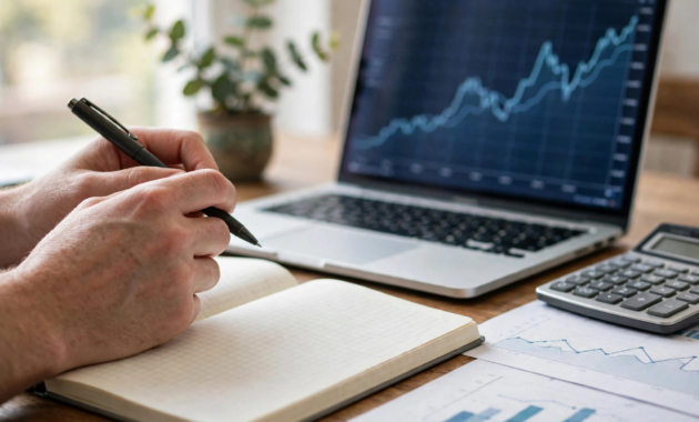Trader writing notes in a trading journal beside a laptop with stock charts