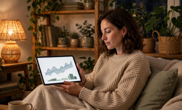 Person reviewing market charts on a tablet at home in the evening