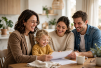 A financial advisor explaining what is permanent life insurance and how it is used for beginners to a young family at home