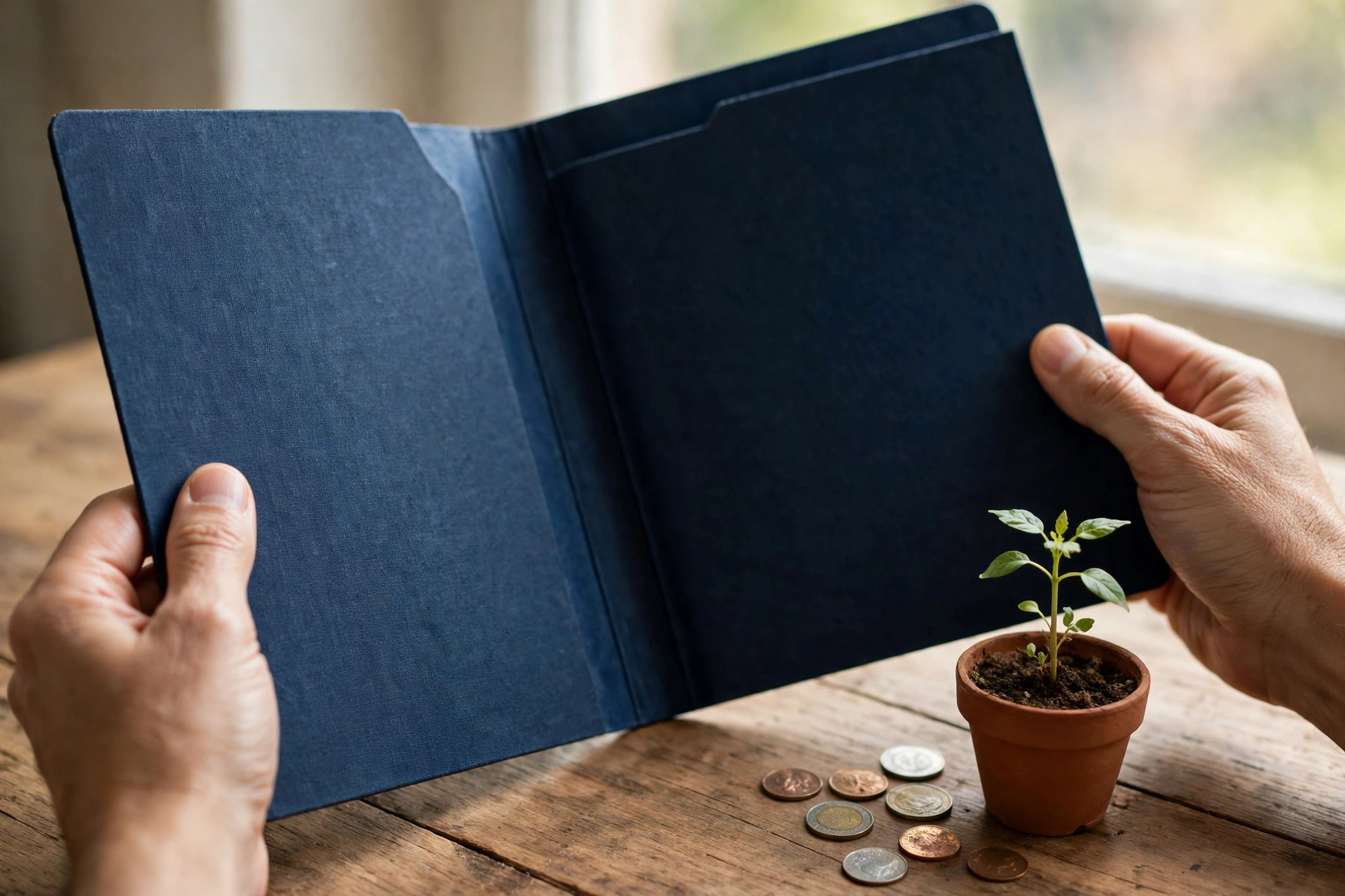 Close-up of hands holding an open insurance policy folder beside a small seedling and coins symbolizing cash value growth