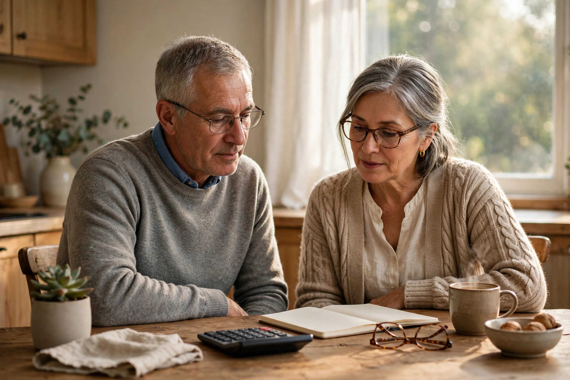 Senior couple reviewing retirement planning documents with a calculator at their kitchen table